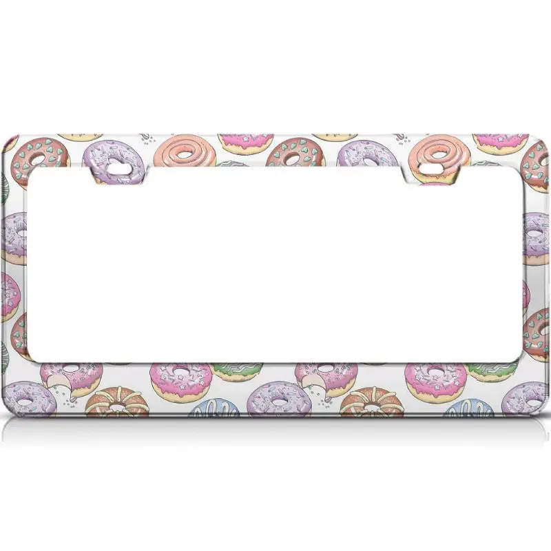 

Peceeta Delicious Doughnuts License Plate Frame 2 Holes 1 Frame Matte Aluminum Car Accessories License Plate Holder Chrome white