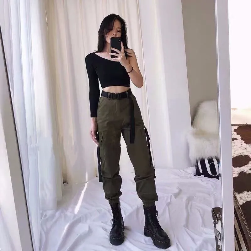 

Armygreen Cargo Pants With Belt Women Capri Casual High Waist Trousers Ladies Black Harajuku Hip Hop Joggers School Streetwear