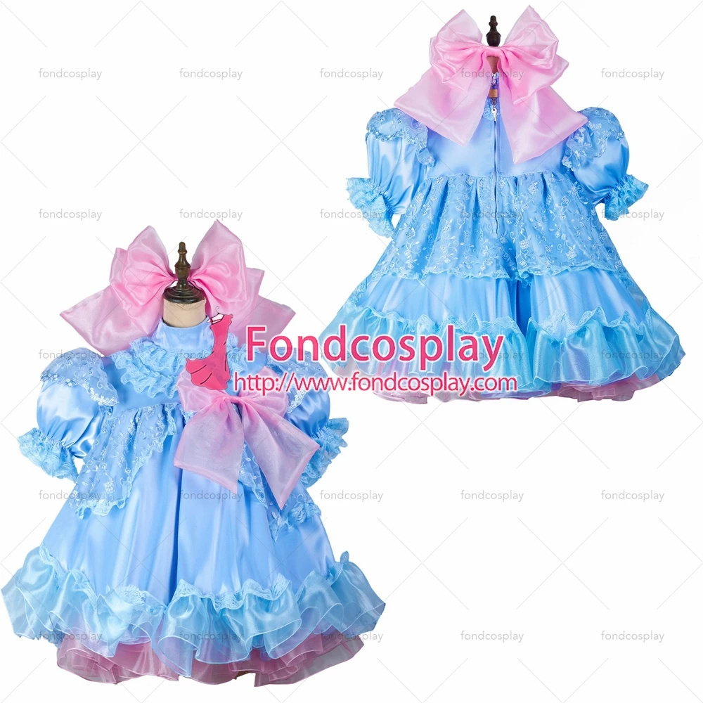 

Сексуальная одежда для взрослых с крестом fondcosplay, блестящее Короткое атласное платье голубого цвета с замком, Униформа, изготовленная на за...