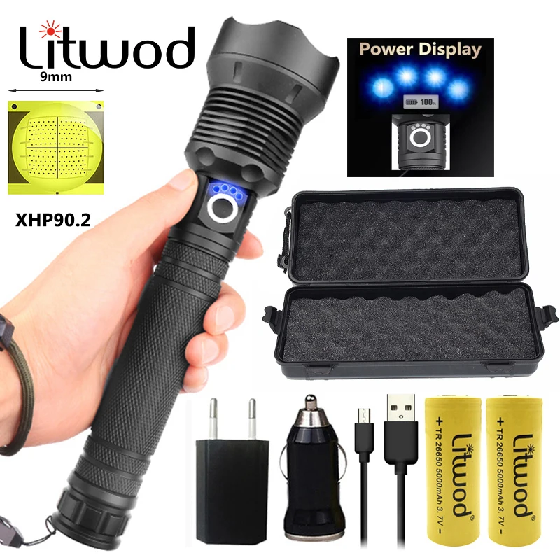 

Фонарик Litwod Z25, светодиодный, перезаряжаемый, мощный, тактический, с аккумулятором 1282, 18650, CREE XHP90, XHP70, XHP50