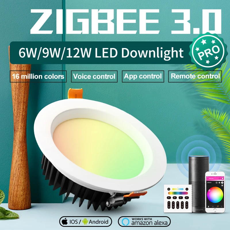 

GLEDOPTO ZigBee 3.0 Smart RGBCCT Ceiling Downlight Pro 6W/9W/12W Work With Amazon Echo Plus SmartThings App/Voice/Remote Control