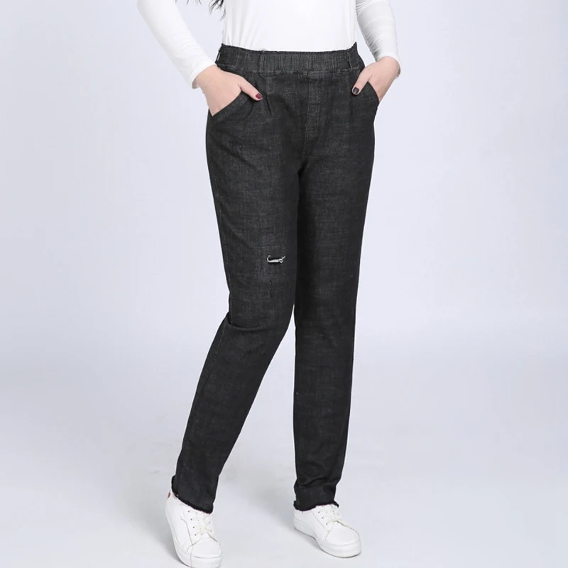 Женские рваные джинсы с высокой талией эластичные брюки большого размера