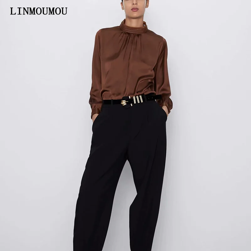 Осень Новая Женская атласная рубашка с высоким воротником длинными рукавами