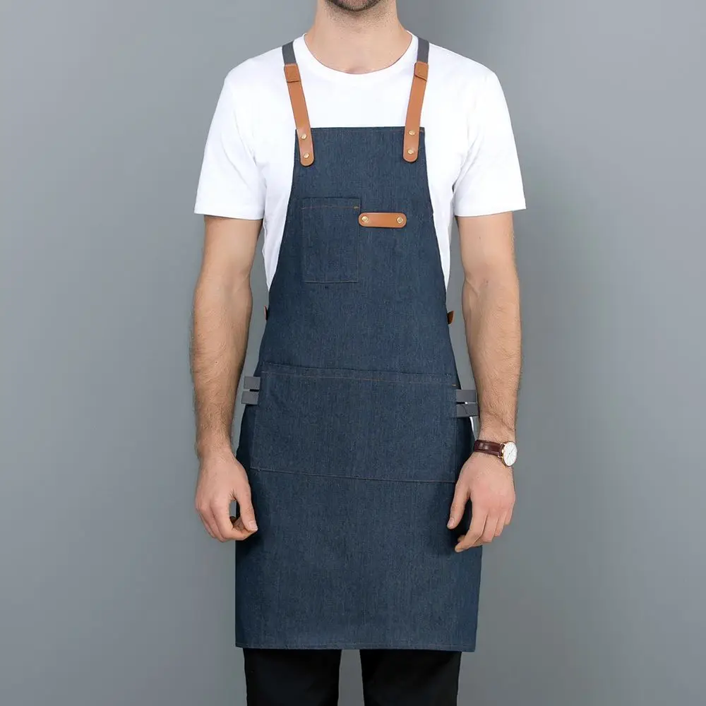 Denim Apron Only Джинсовые кухонный фартук, приготовление пищи фартук с регулируемым из искусственной кожи+ Хлопковое платье на бретельках с большими карманами, номер модели фартук для шеф-повар бариста Для мужчин Для женщин - Цвет: Denim Apron Only