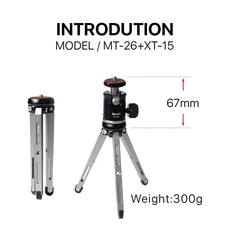 XILETU MT26+ XT15 алюминиевый сплав Настольный кронштейн Мини Настольный Штатив с шаровой головкой для DSLR камеры беззеркальной камеры смартфона