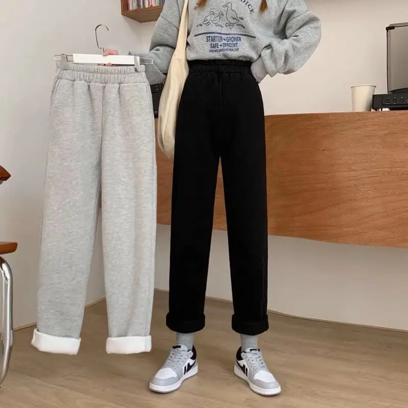 

Wide-leg Pants women winter 2021 new loose Plus velvet straight casual thick gray Elastic waist Sweatpant wild Women Clothes