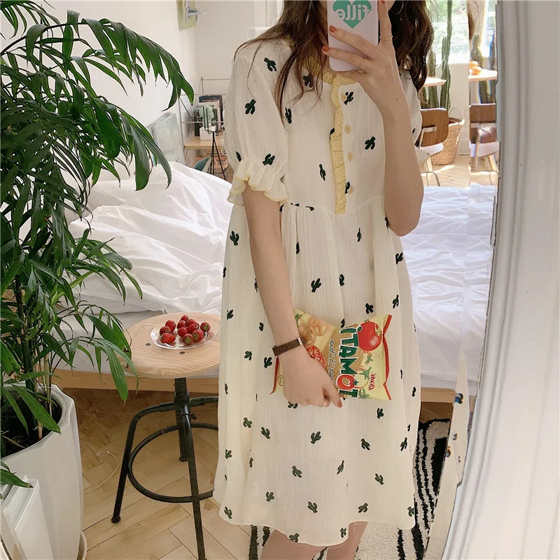 

Sexy Female Print Nightgown Cotton Sleepwear Home Clothes Nightdress Ruffles Nightwear Sleepdress Intimate Lingerie Homedress