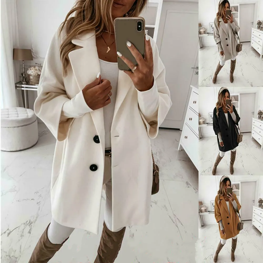 2020 Winter Large Size Women Woolen Coat Solid Color Turn Down Collasr Wool Jackets Loose Female Oversize Coats | Женская одежда