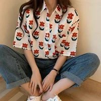 houzhou shirts women summer kawaii chiffon blouse harajuku vintage cardigan short sleeve white red floral top korean fashion