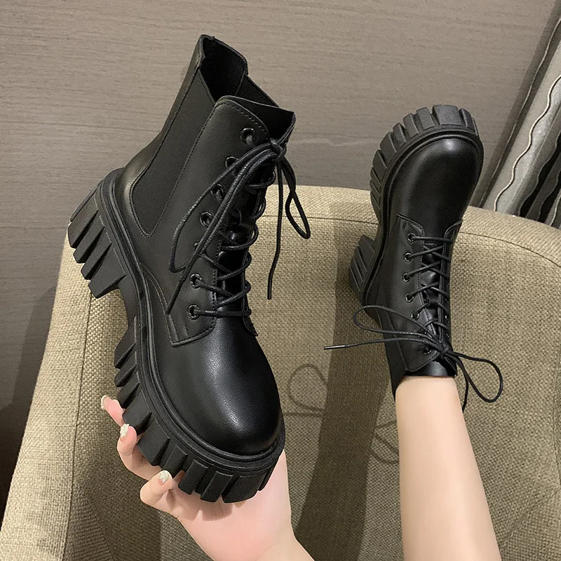 

Женские ботинки в стиле "Лолита", осенне-зимняя обувь, ботинки на плоской подошве со шнуровкой и круглым носком, женские резиновые ботильоны,...