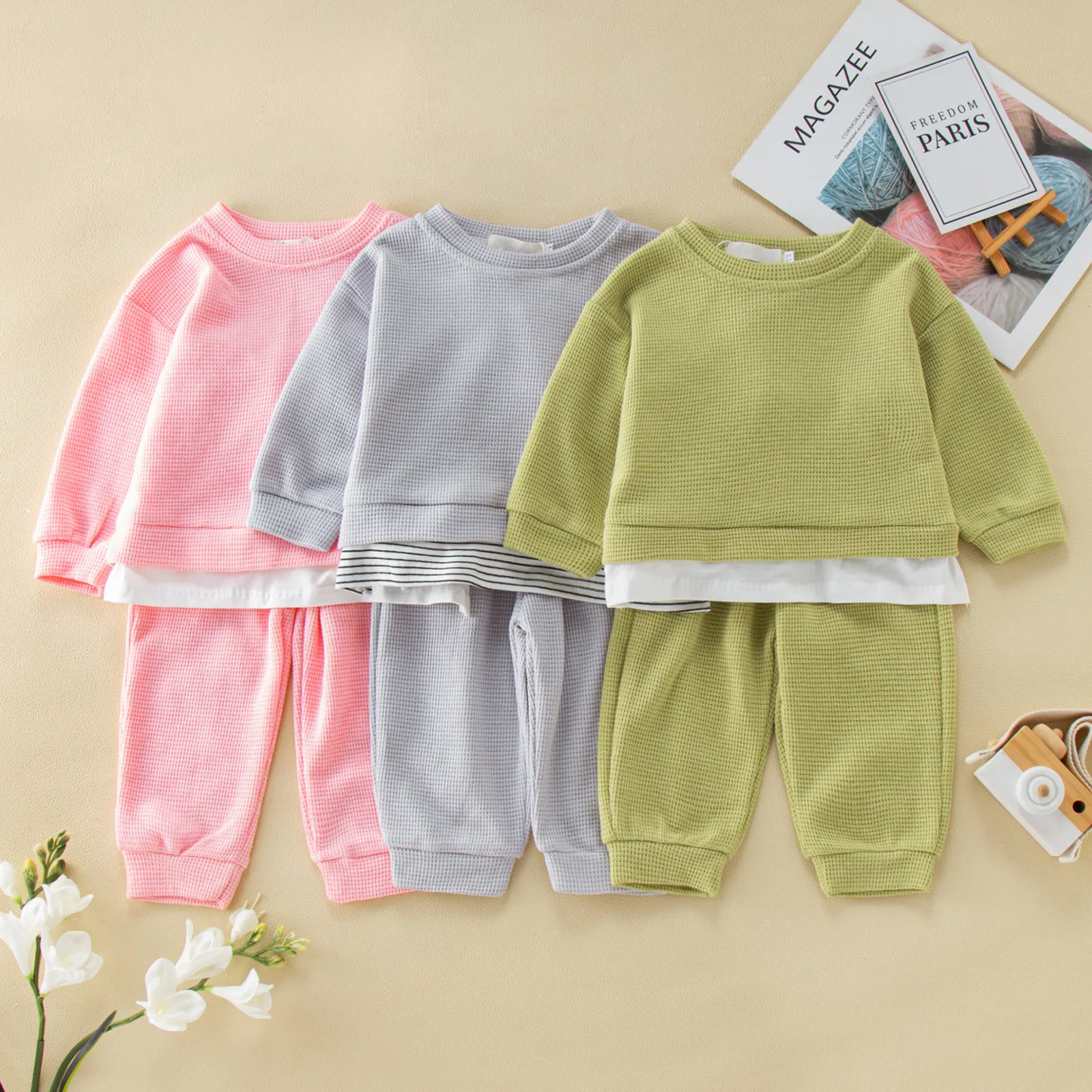 

Комплект детской одежды для малышей, Спортивная Модная трикотажная толстовка для маленьких девочек и мальчиков в рубчик + штаны, спортивный...