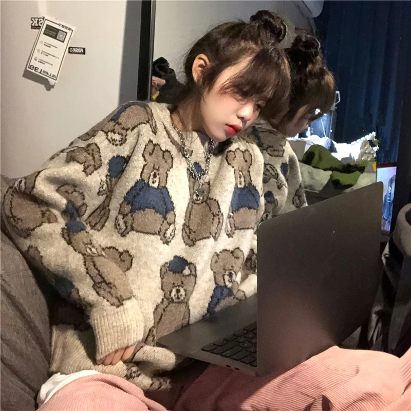 

Korea College Wind Small Woolen Cute Bear Lady Hoodie Loose Plus Velvet Kawaii Sweatshirt Women Blouse Super Dalian Hoodie 2021