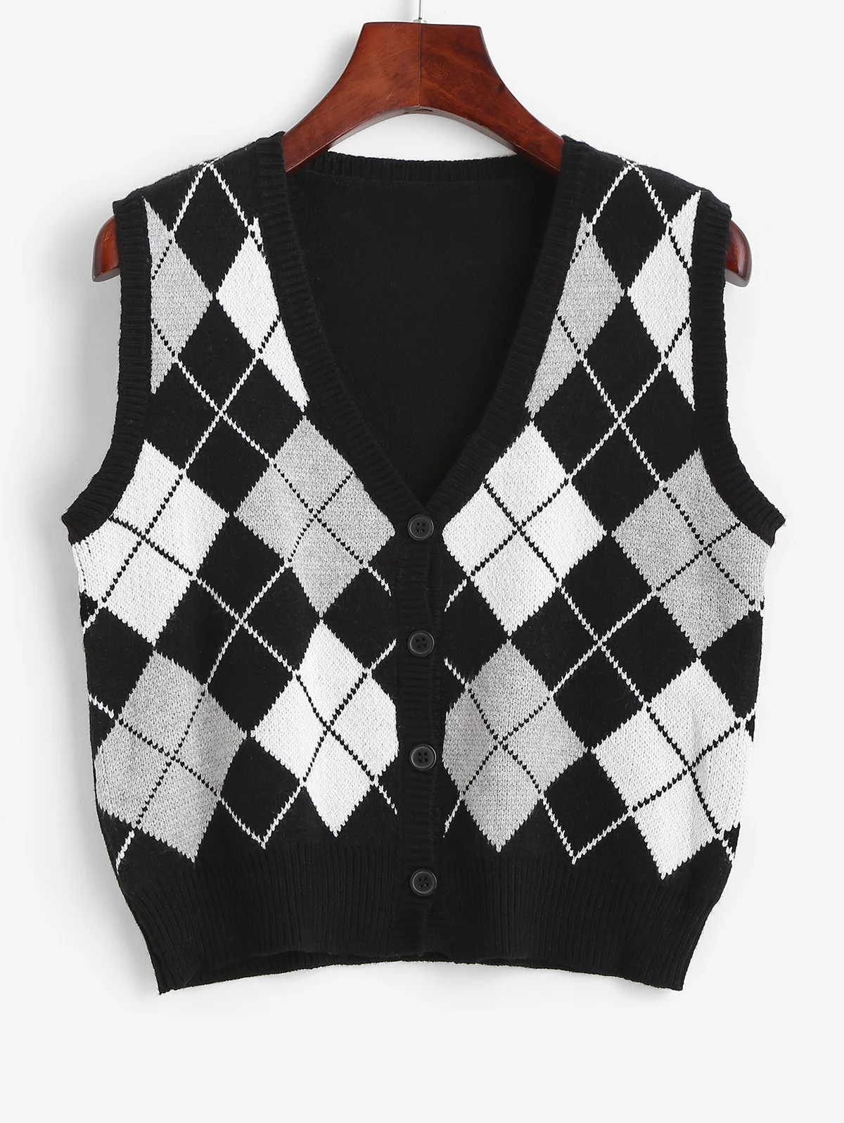 

V Neck Argyle Button Up Sleeveless Cardigan Vintage Plaid Sweater Vest Women Sleeveless Tank Knitting Pullovers Tops For Daily