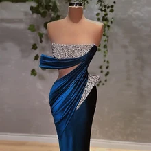 New Arrival Velvet Blue Sexy Luxury Prom Dress Sleeveless Crystals Sparkly Women Long Mermaid Evening Pageant Gowns Custom Made (2)