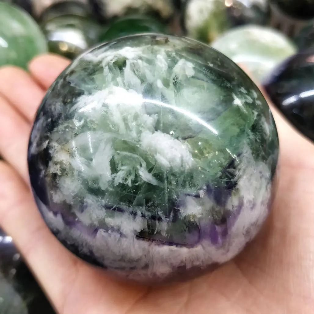 Feather Fluorite Quartz Natural Crystal Ball Sphere Snowflake Image Decorative Power Stones And Minerals Ornament Indie Jewelry