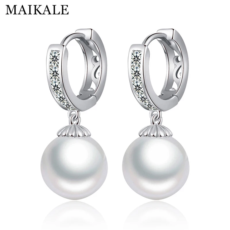 Silver MAIKALE, золотые, серебристые, жемчужные серьги-капли для женщин, Круглый Круг, CZ, кубический цирконий, серьги с жемчугом, Женские Ювелирные изделия, подарки - Окраска металла: Silver