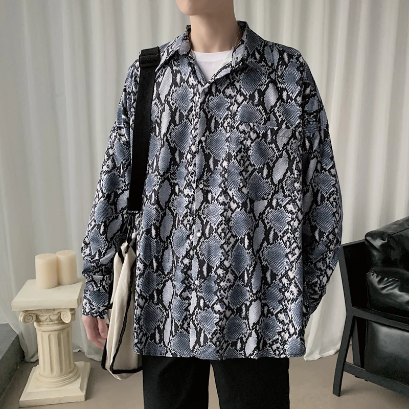 

2020 Spring And Autumn New Korean Couple Full Body Printed Long-sleeved Shirt Fashion Casual Loose Jacket Coat Navy Blue M-XL