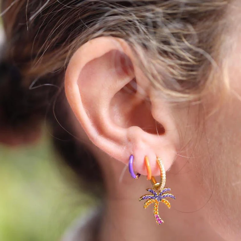 

925 Sterling Silver Ear Buckle Summer Beach Style Hoop Earrings Palm Tree Pave Color Crystal Pendant Earring For Women Jewelry