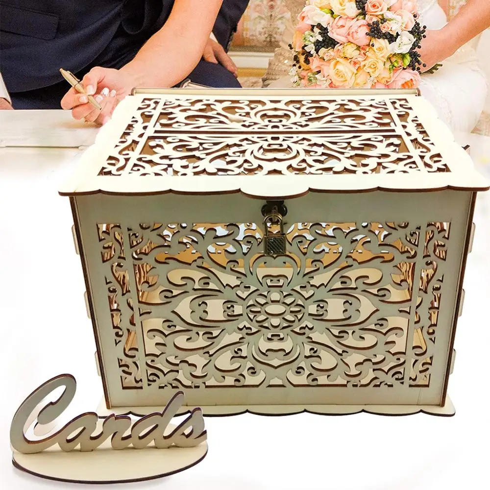 DIY Wedding Card Box Wooden Couple Money Boxes with Lock Hollow Floral Pattern Decor Gift Envelope Birthday Supplies | Дом и сад
