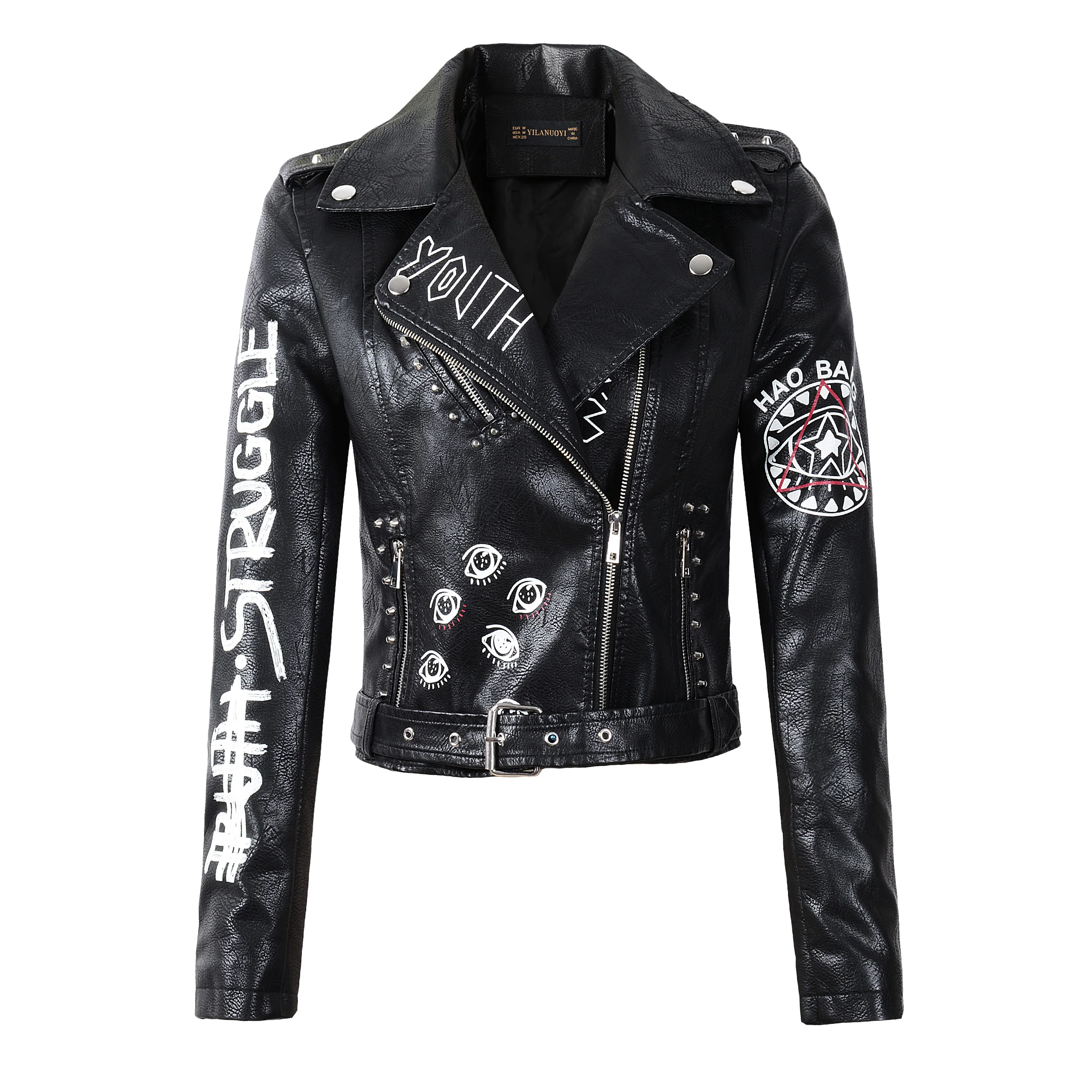 

2020 New Women Autumn Winter Faux Soft Leather Jackets Coats Lady Black PU Rivet Zipper Epaulet 3D Print Motorcycle Streetwear