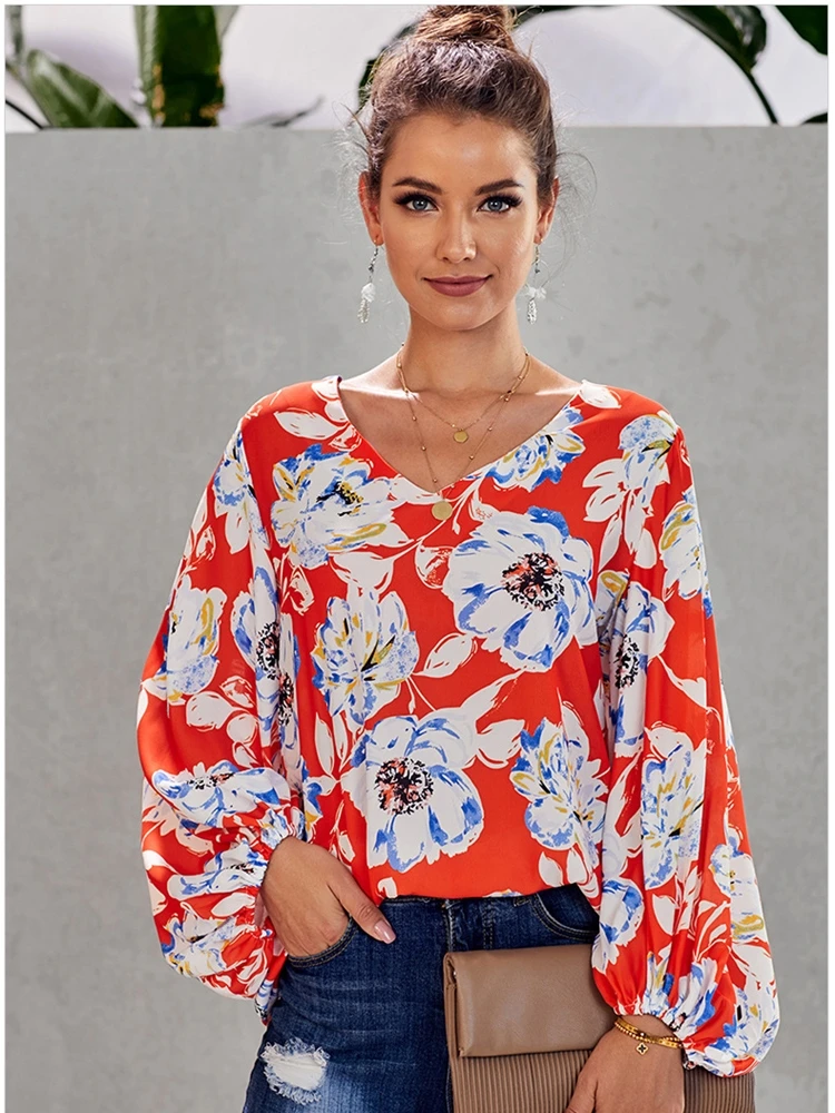 

Blusas Elegantes 2021 тренд моды фонарь с длинным рукавом Блузка цветочный принт Топы Женская Повседневная Весенняя летняя одежда плюс размер