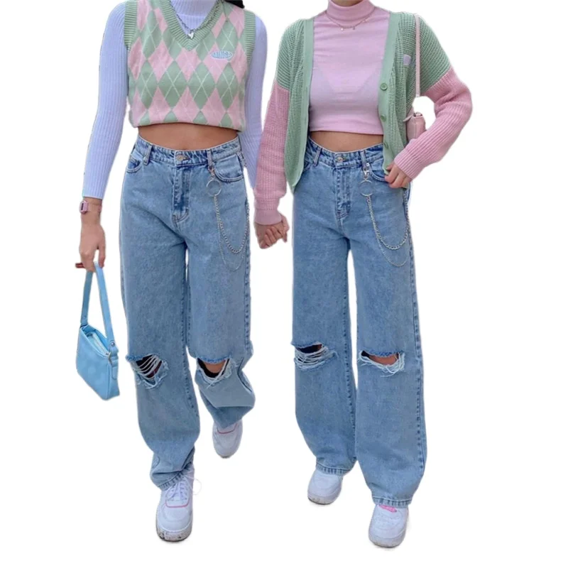 

2021 Summer Fashion Trend Women's New High-waisted Wide-legged Pantalon Femme Straight Hole Casual Simple and Fresh Jeans