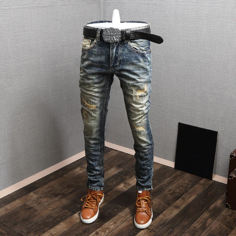 

Newly Streetwear Fashion Men Jeans Distressed Slim Fit Destroyed Ripped Jeans Men Patchwork Vintage Designer Retro Denim Pants