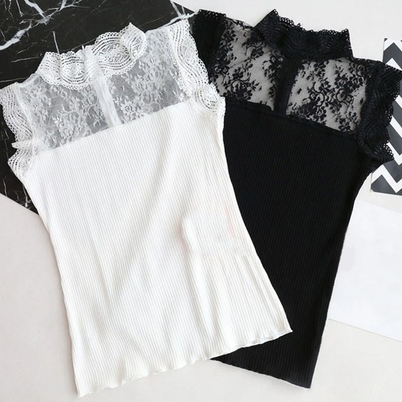 

Fashion Streetwear Women Hollow Out Lace Tops Black and White Color Sleeveless Ice Silk Knitted Camisole Tops