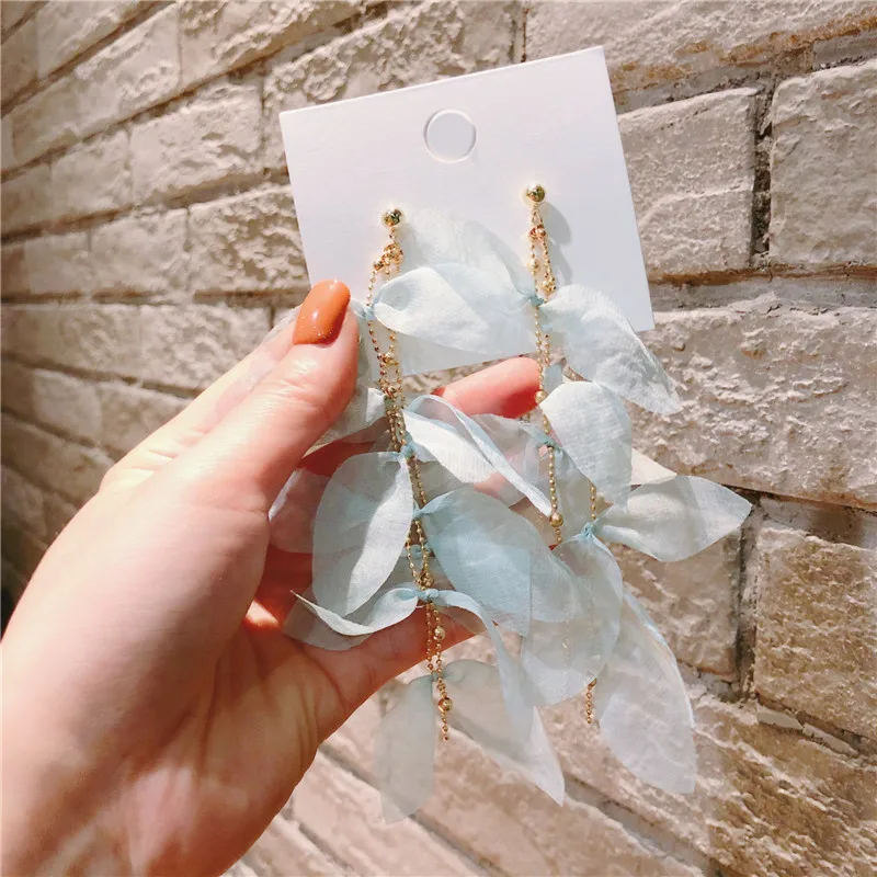 Женские шифоновые серьги тканевый лист длинные большие капли модные аксессуары