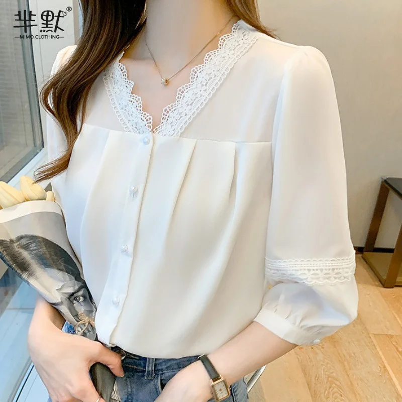 

V-neck Shirt Women's Lace Three-Quarter Sleeve Top 2021 Autumn New Style White Elegant Chiffon Shirt Super-Fairy Western Style
