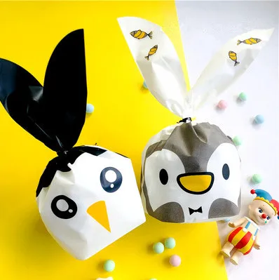 

100pcs black and gray penguin long ears small cookie baking bake biscuit candy bags treat snack party favor pouch bag