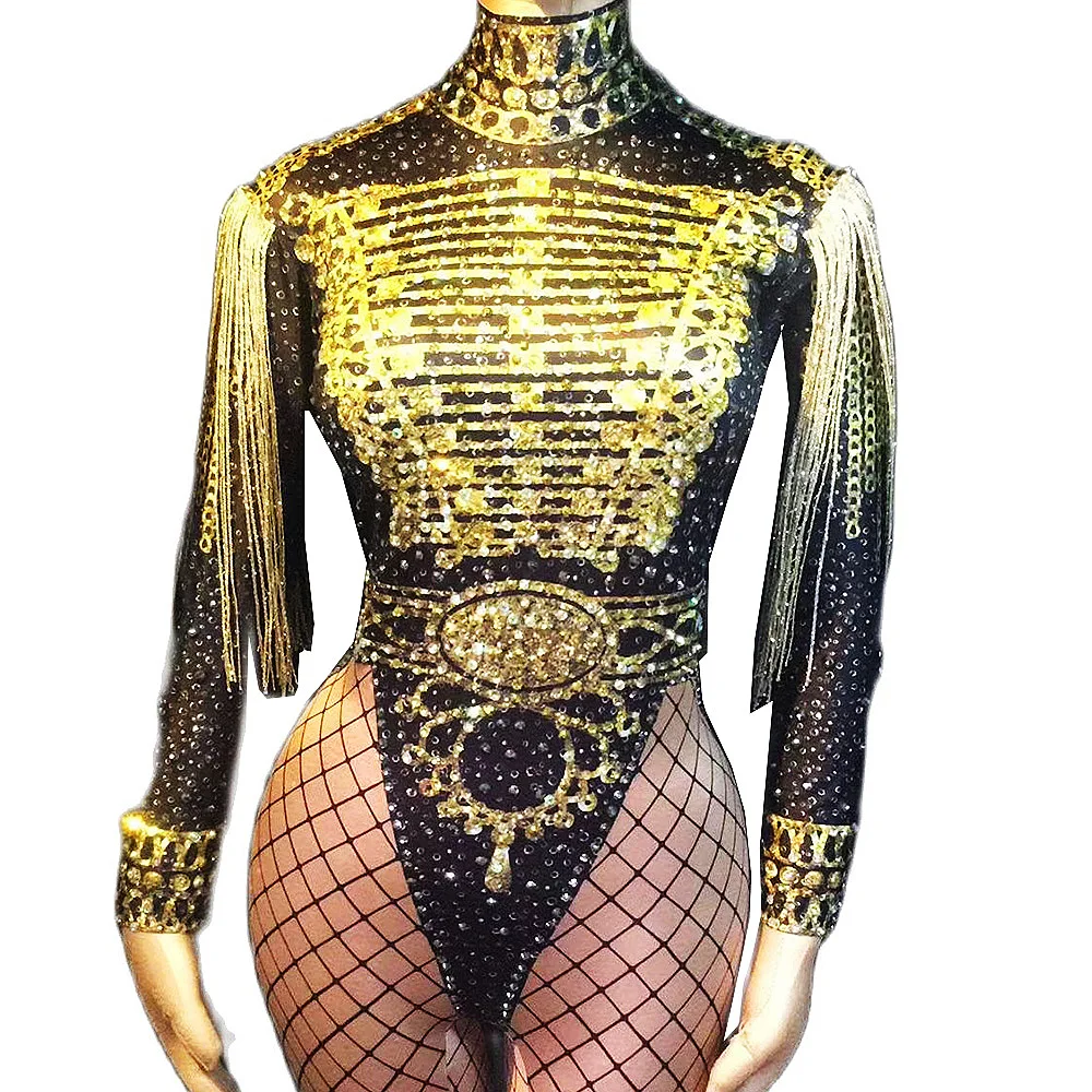 Sparkly elmas altın pullu püskül kadın tulumlar balıkçı yaka sıska siyah ekose uzun kollu Bodysuits gece kulübü şarkıcı kostümleri