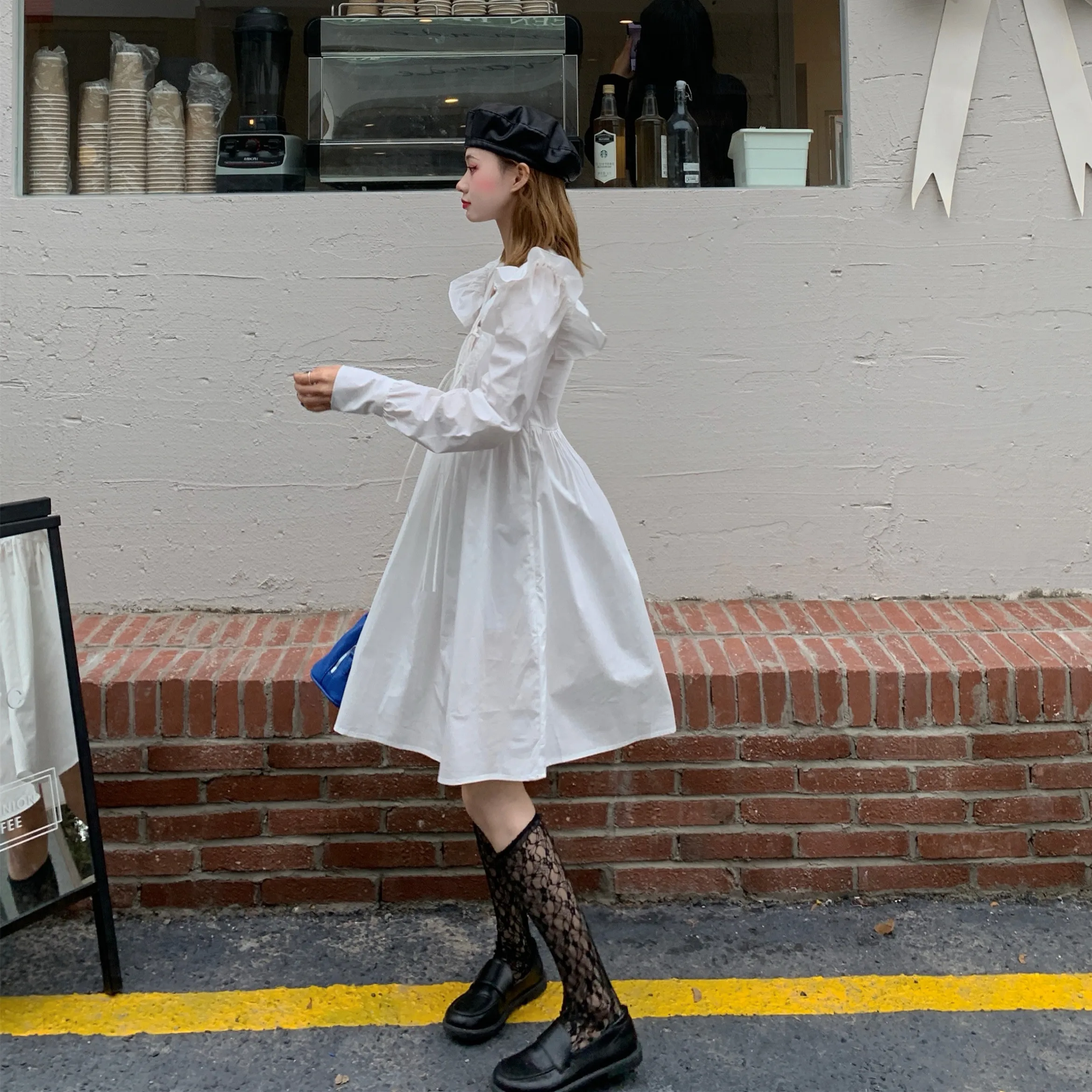 

White blouse Dress High Waist Cotton Ruffles Dress Elegant V Neck Women Short Dresses Ruffles Sleeve