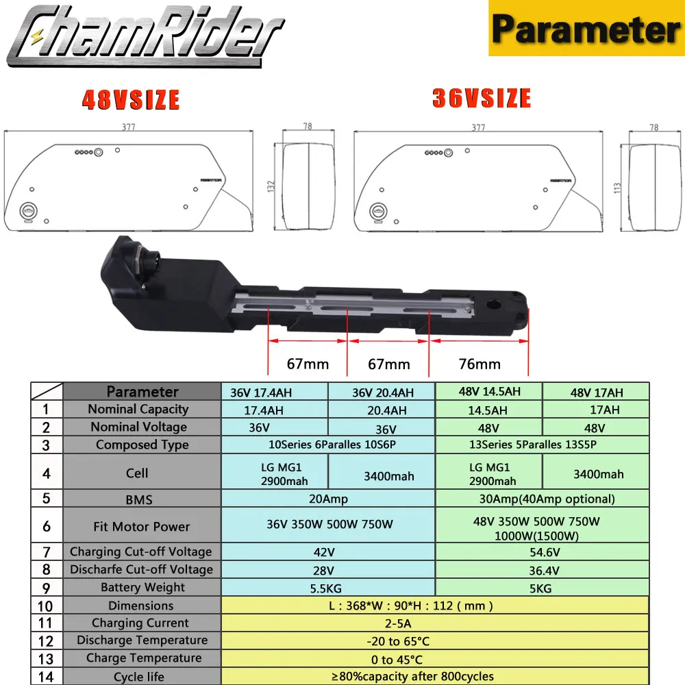 Оригинальный заряжаемый Аккумулятор для электровелосипеда Chamrider Tigershark 36 в 48 52 20A