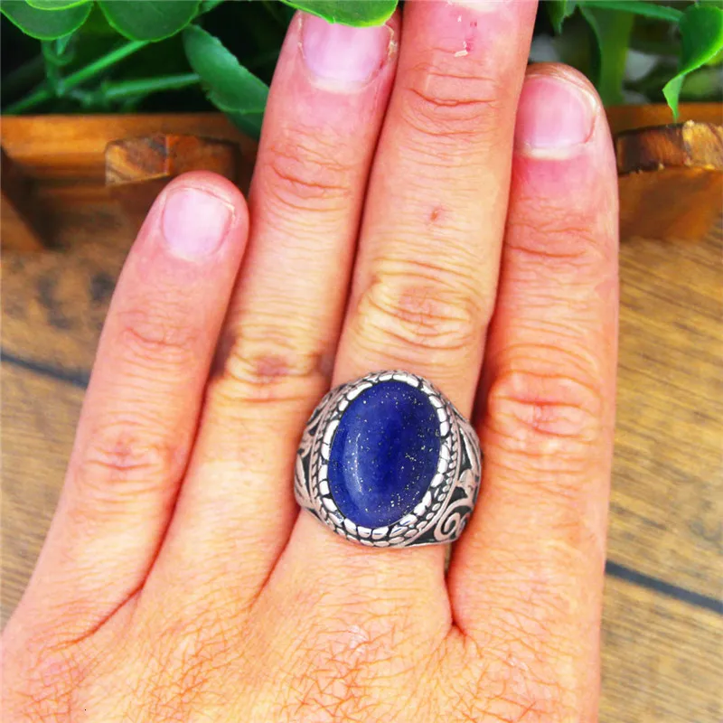 Oval Lapis Lazuli Stainless Steel Rings Natural Stone Leaf Plant Vintage Fashion Jewelry TR730