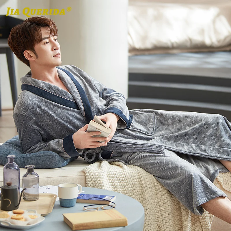 

New Soft Robe Man Kimono Yukata Man Clothes Man Robe Solid Long Sleeve Warm Winter Island Fleece Gray Fashion Style