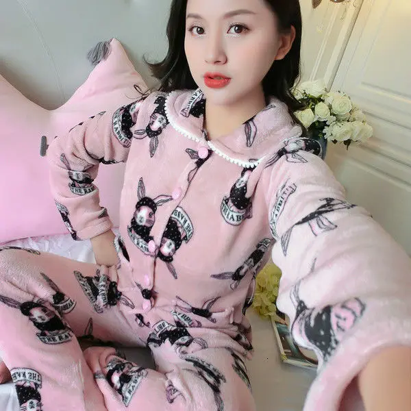 pajamaset M-5XL, зимний пижамный комплект, для женщин, длинный рукав, фланелевый, толстый, коралловый бархат, мультяшная Пижама, длинная Пижама, милые животные, женский домашний костюм - Цвет: pajamaset