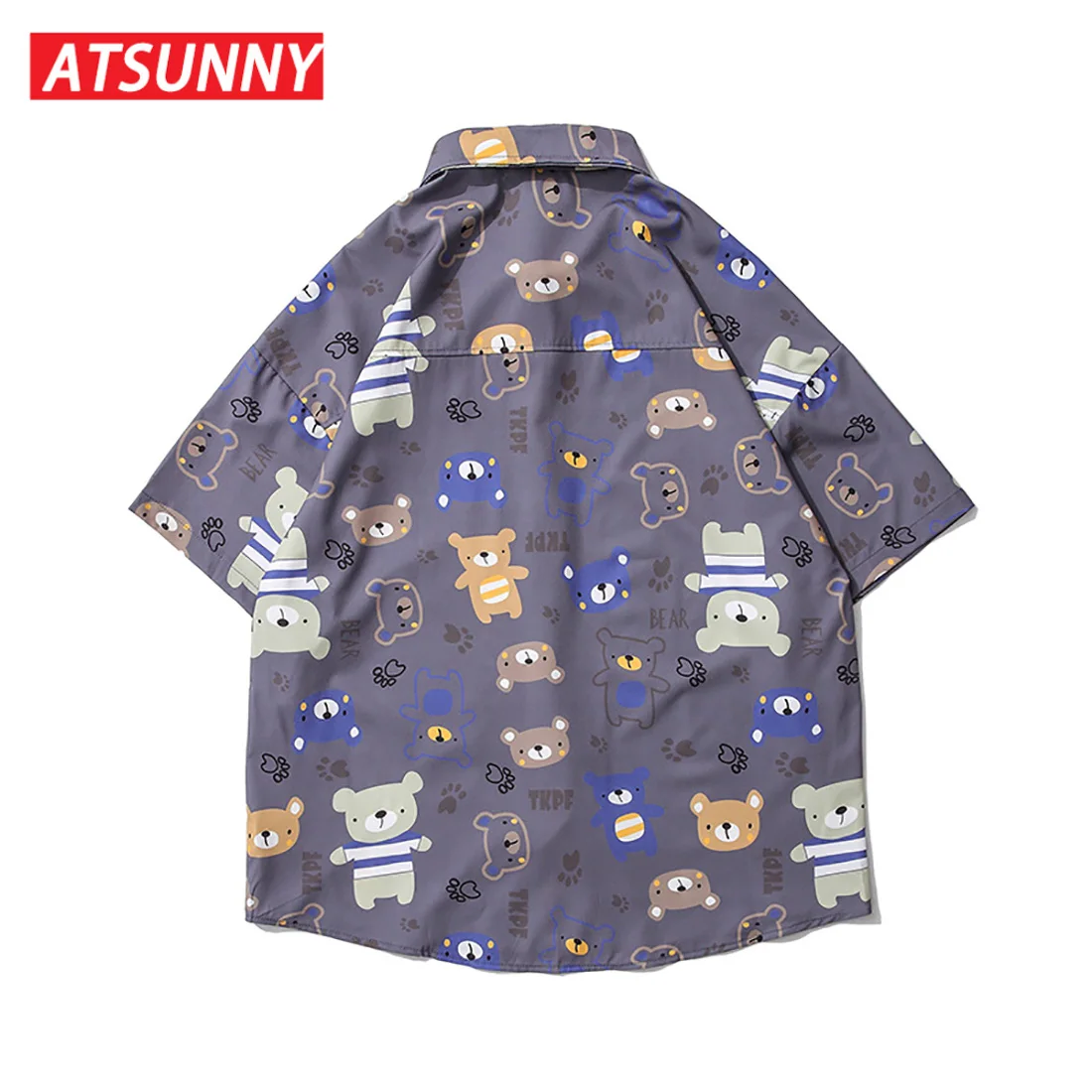 ATSUNNY Bear Print Short Sleeve Shirt HipHop Streetwear Casual Shirt Man Summer Fashion Hawaiian Shirts Tops