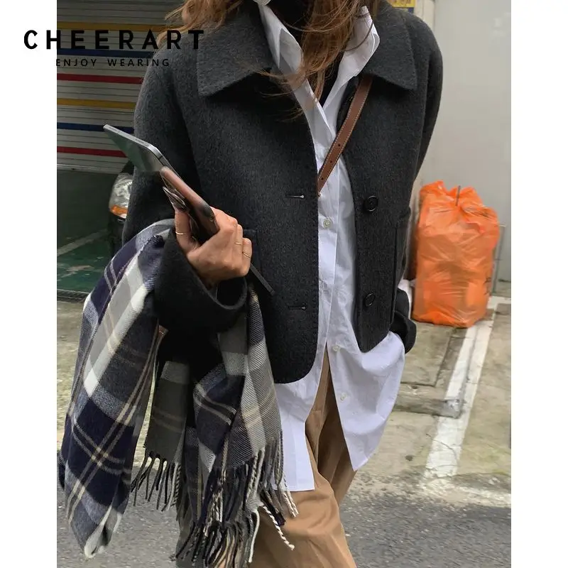 

CHEERART зимнее Укороченное пальто из смешанной шерсти, корейские модные куртки для женщин, 2021 коричневое, серое шерстяное пальто, кардиган, оде...