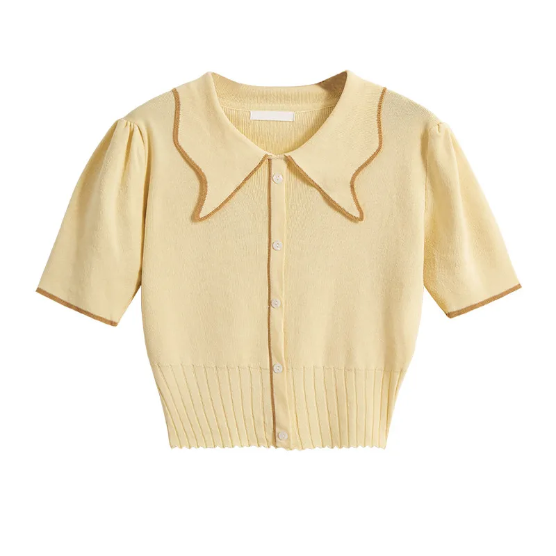 

SAYTHEEN 2021 Summer New Style Contrast Lapel Single-Breasted High Waist Short Puff Sleeve College Wind Ice Silk T-Shirt Top