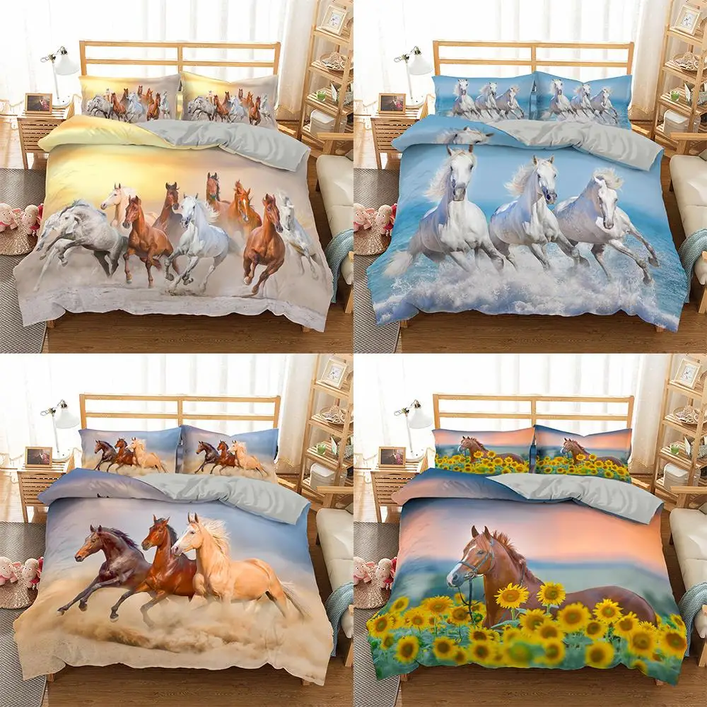 

2021 3D Horses Bedding Set Luxury Soft Duvet Cover King Queen Twin Full Comforter Bed Set Pillowcases Bedclothes