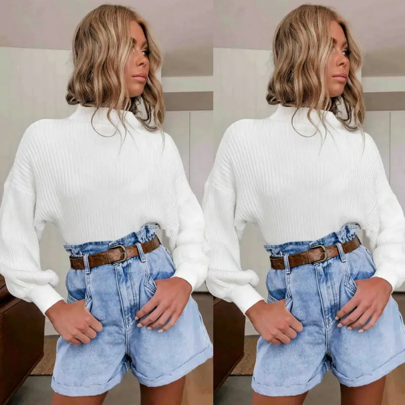Women Long Sleeve Baggy Autumn Winter Sweaters Lady Casual Top Jumper Sweater High Neck White Pullover Knitwear | Женская одежда