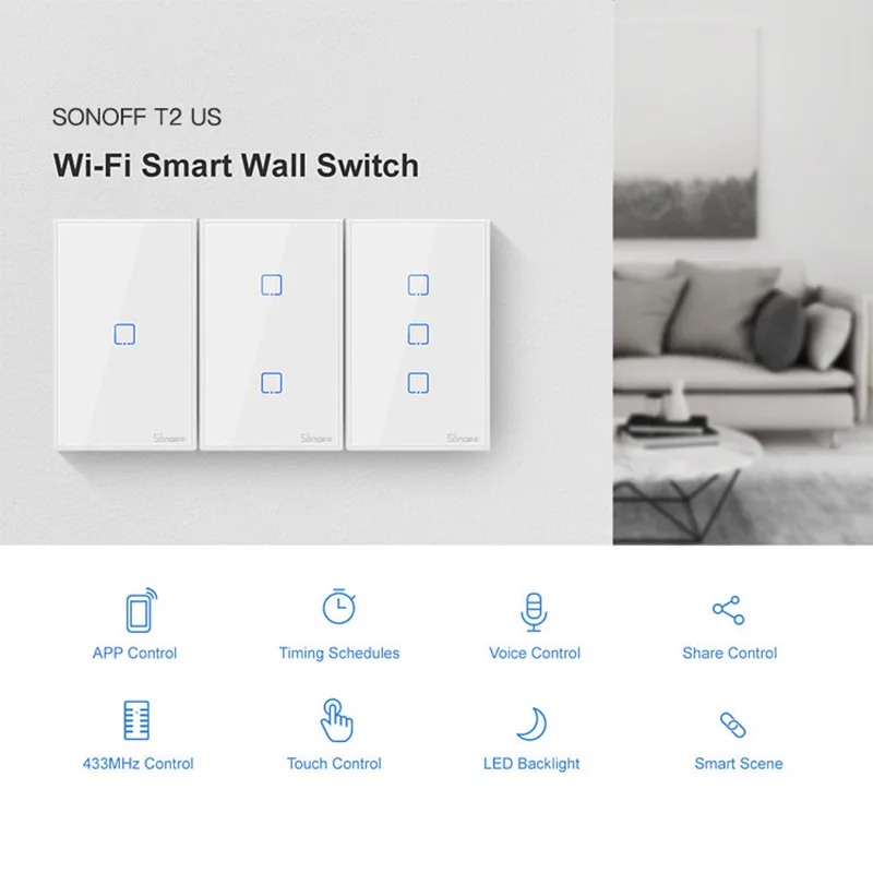 Интеллектуальный выключатель света SONOFF T2/T3 нам TX черный 1/2/3 RF 433 МГц RF пульт Управление Беспроводной Wi-Fi Сенсорный настенный светильник переключатель умный переключатель дистанционного Управление Google Home Alexa