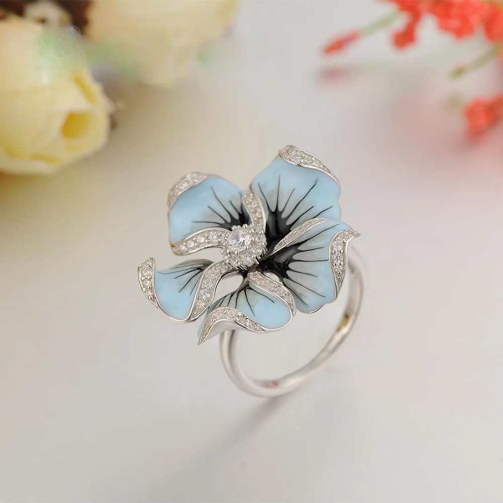 Cute Silver Color Blue Epoxy Flower Rings with Zircon Stone for Women Wedding Engagement Ring Fashion Jewelry 2020 | Украшения и