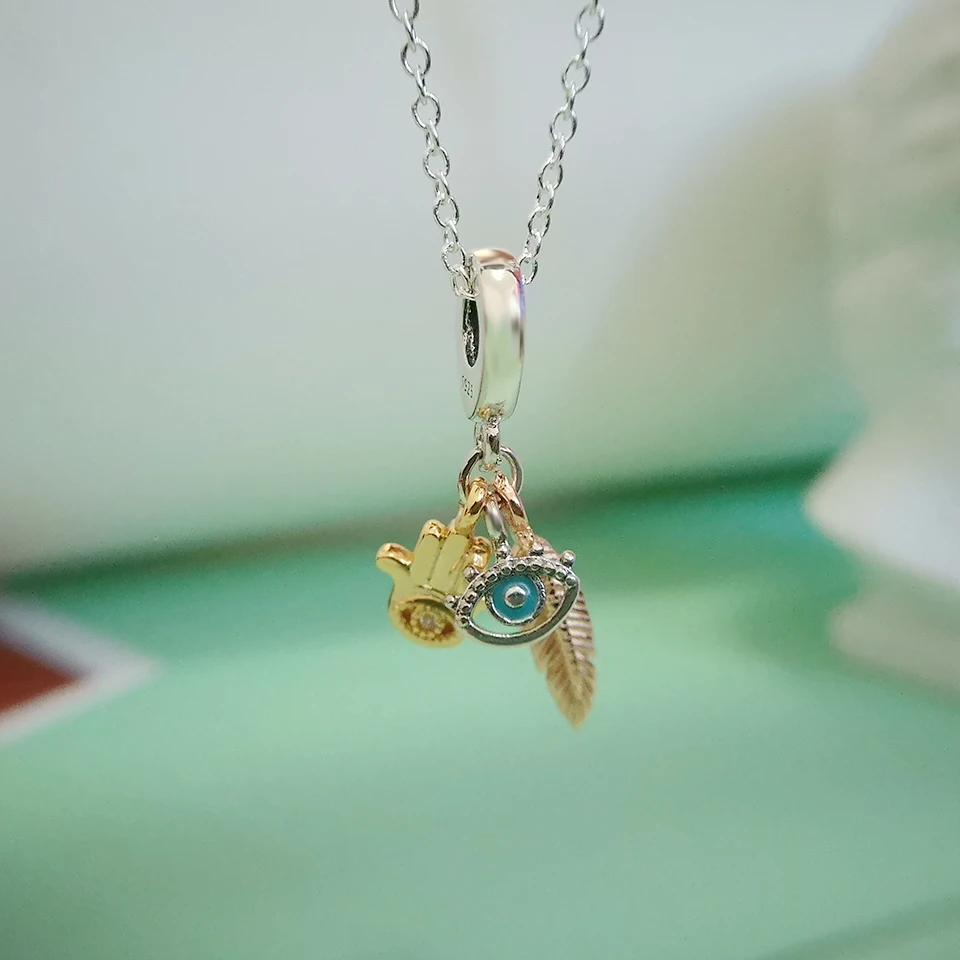 

Real 925 Sterling Silver bamoer charm Bohemian style Rose gold feathers Devil's Eye Fit Original Bracelet DIY Jewelry