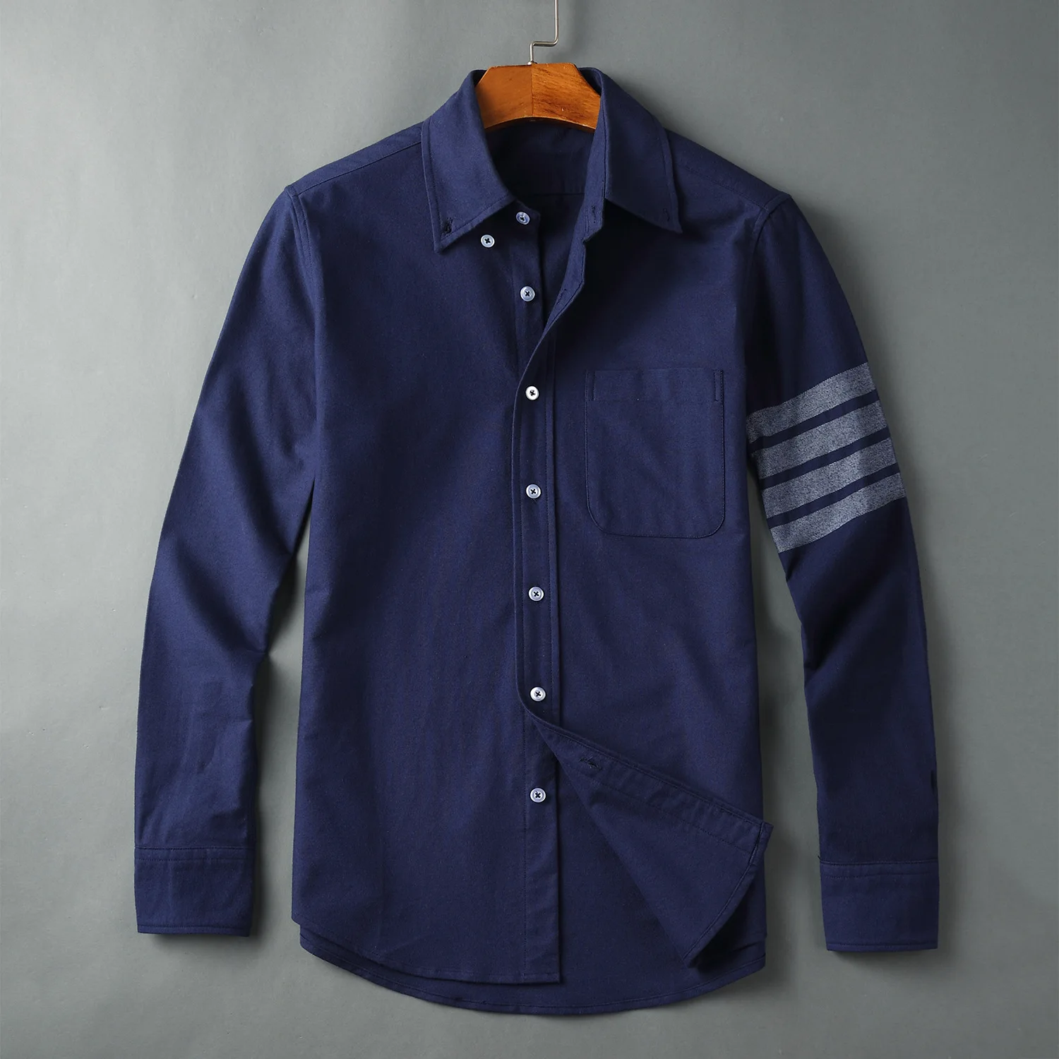 

TB 2021 Fashion THOM Brand Shirts Men Slim Long Sleeve Striped Casual Shirt Turn Down Collar Flannel Thick Solid Men's Clothing