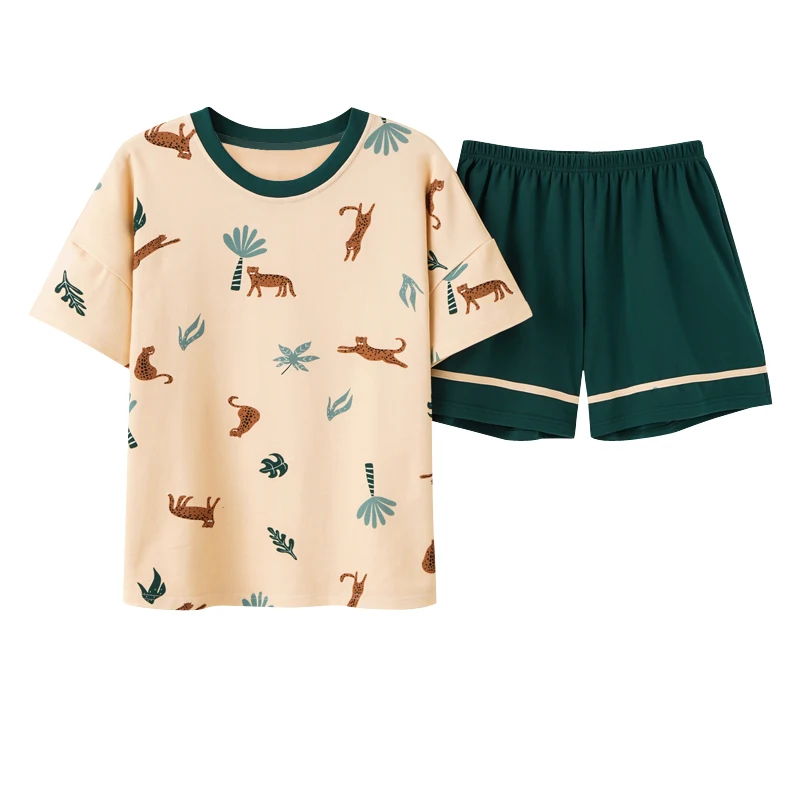 

Summer Green O-Neck Kawaii Nightwear Summer Fashion Animal Print Pajamas Set For Women Cotton Casual Soft Short Sleeve Sleepwear
