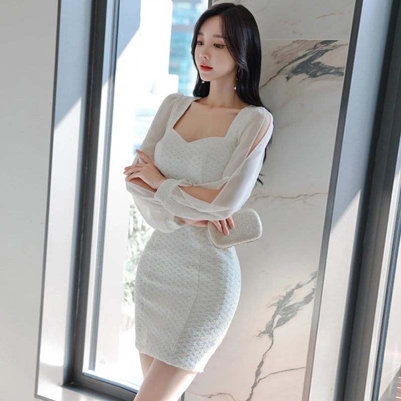 

Fashion Korean Style Women Vintage Sexy Sweetheart Neck Mini Party Dress Elegant Temperament Coffee Break Hollow Female Dress