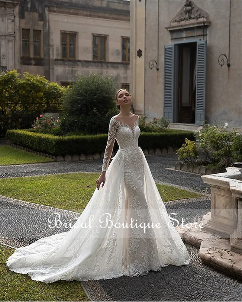 luxury Mermaid Wedding Dress Overskirts Long Sleeve Lace Beaded Wedding Bridal Gowns Vestido De Novia