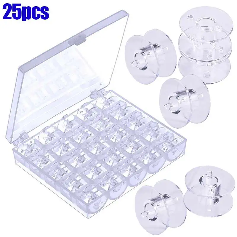 

2021 Hot Sale 25Pcs Empty Bobbins Sewing Machine Spools Clear Plastic with Case Storage Box for Brother Janome Singer Elna Drops